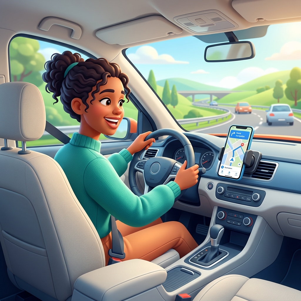 Motorista feliz dentro do carro com o aplicativo no painel