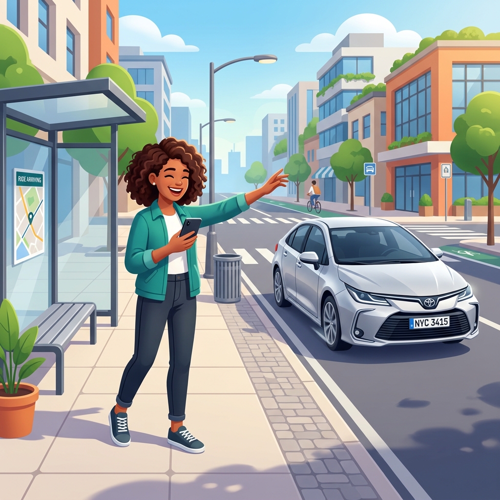 Passageiro sorrindo pedindo corrida no aplicativo